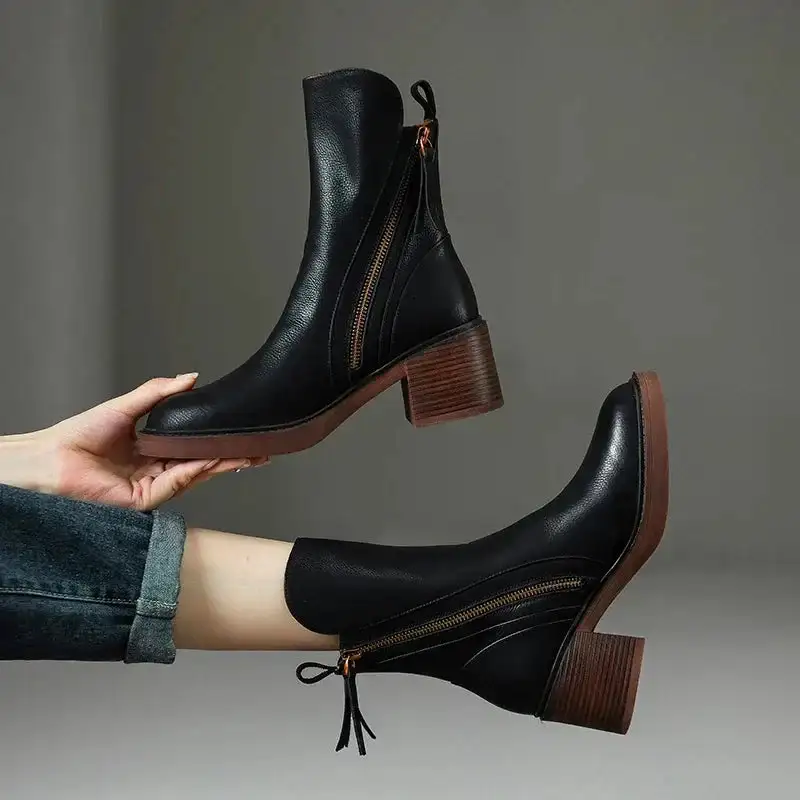 Zip Up Ankle Boots Block Heel Side Zipper Detail