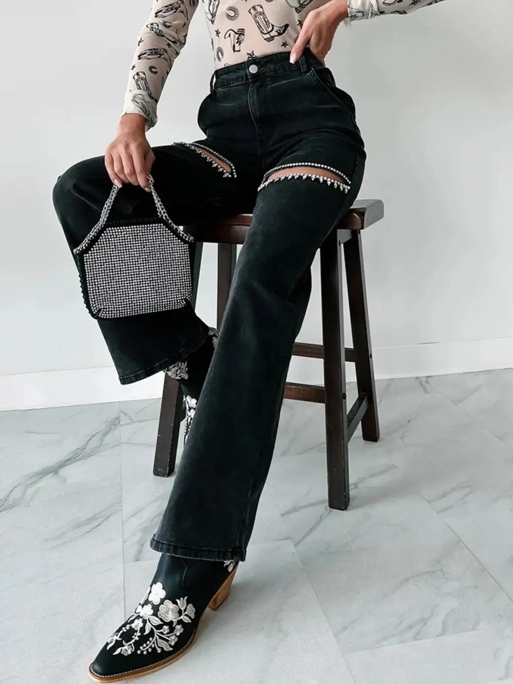 Sharp Wide Leg Ripped Denim Jeans