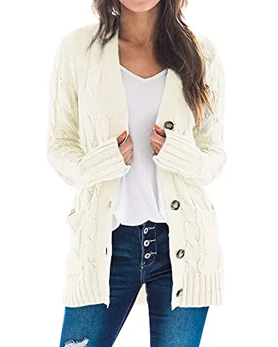 Women's Cable Knit Cardigan Long Sleeve Open Front Button Down Knitwear Sweater Coat