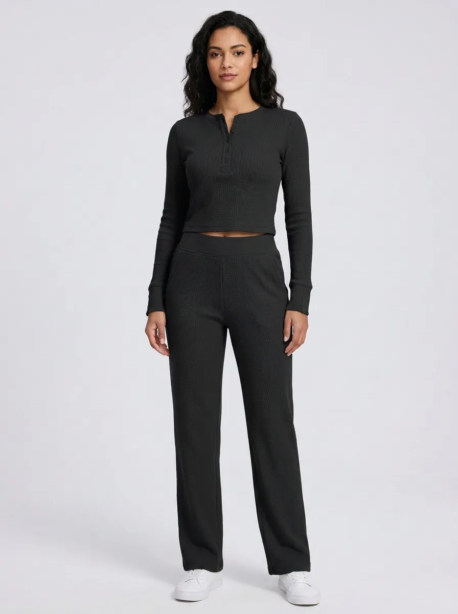 Women's Waffle-Knit Henley Crop Top and Straight-Leg Trouser Set