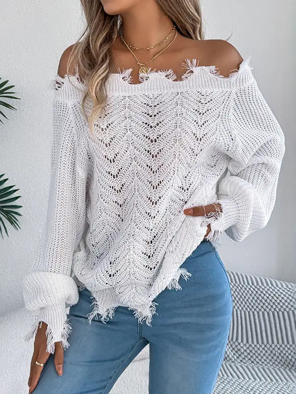 Ribbed Openwork Sheer Detail Off Shoulder Long Sleeve Sweater