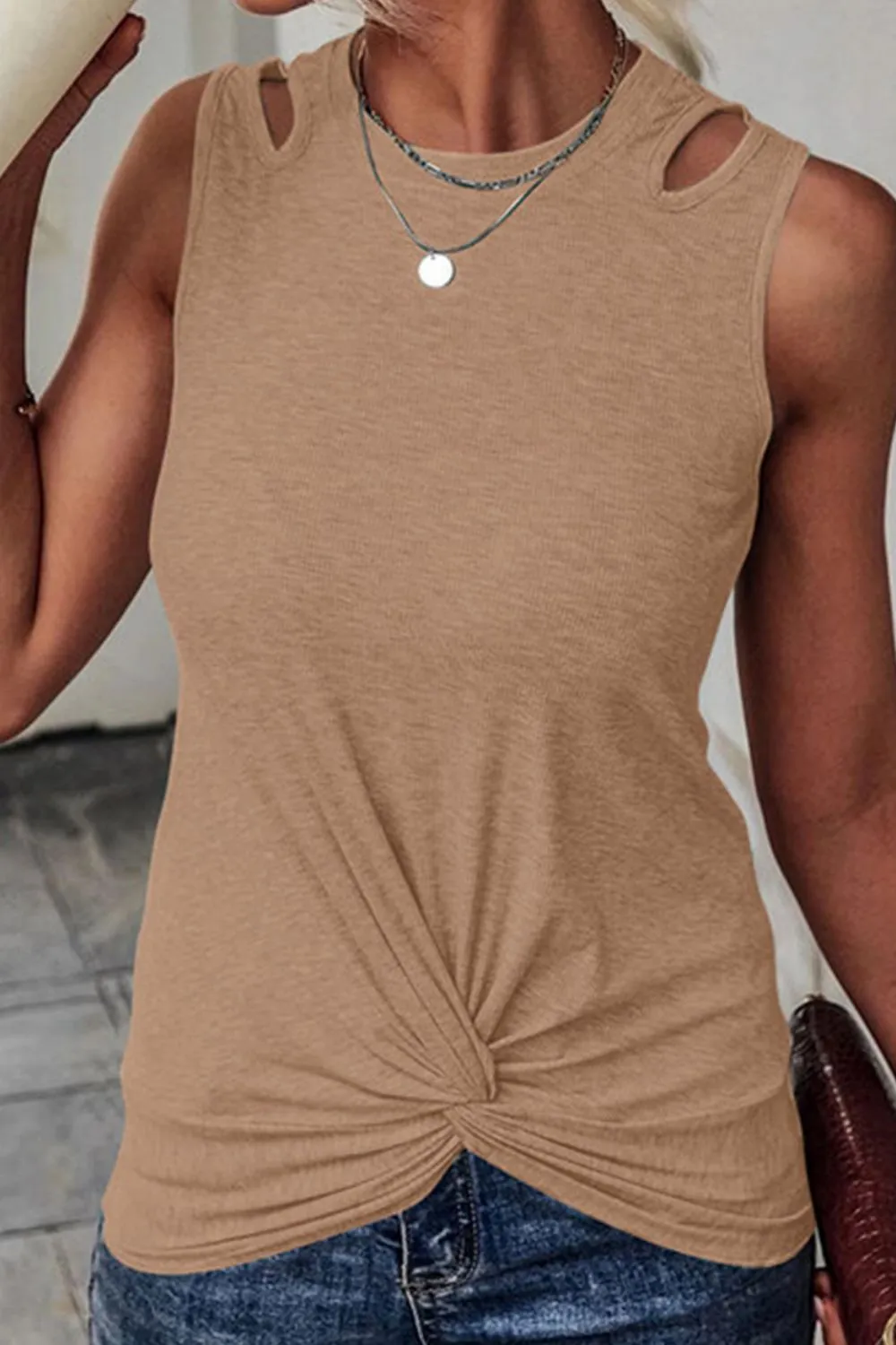 Twisted Hem Cutout Round Neck Tank Top