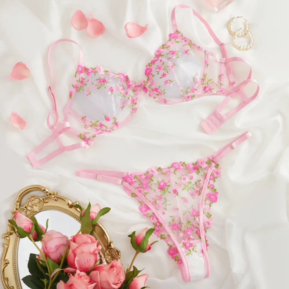 Classic Floral Embroidered Sheer Lingerie Set
