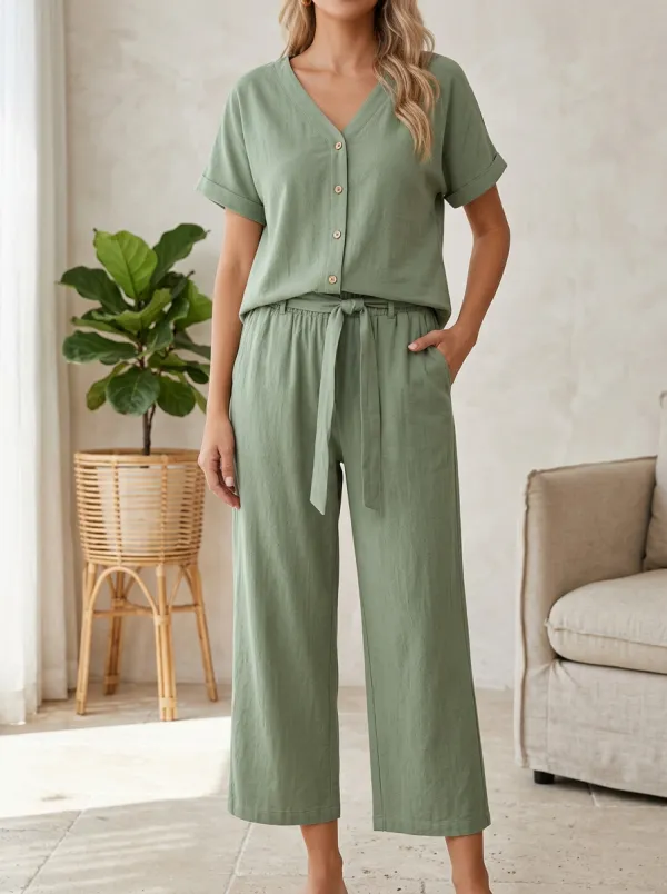 Refined Short-Sleeve Minimalist Women's V-Neck Casual Lounge Set