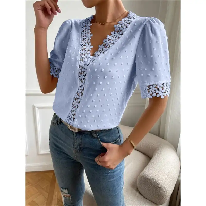 Lace Trim V-Neck Short Sleeve Blouse