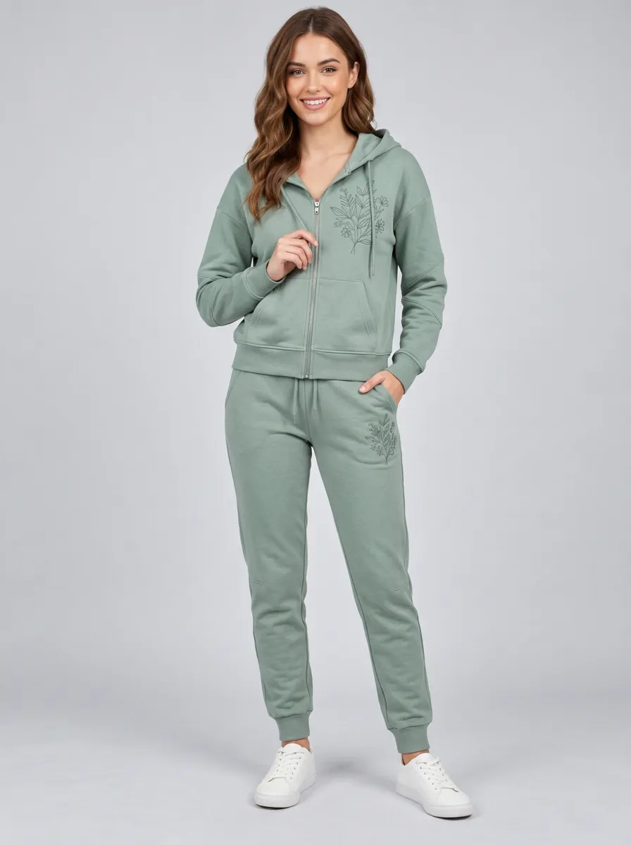 Women's Sage Green Floral Embroidered Kangaroo Pocket Zip-Up Hoodie Jacket & Jogger Set