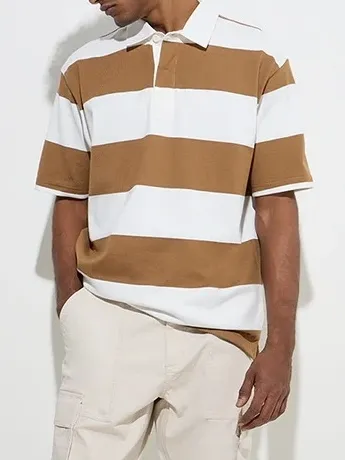 Brown Loose Cotton-Blend Polo T-Shirt