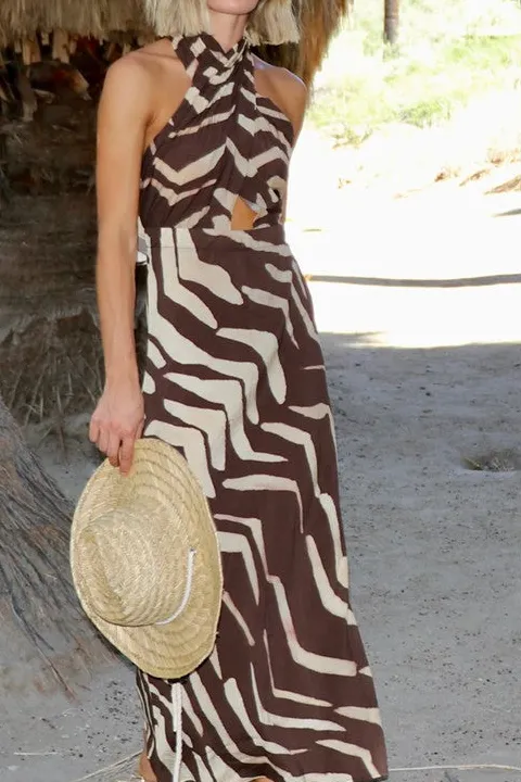 Women's Brown Zebra Print Halter Maxi Dress