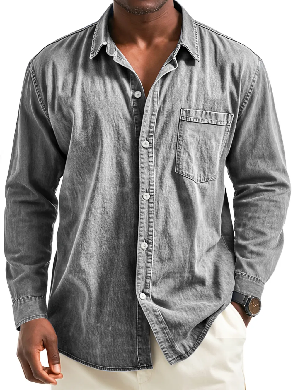 Layered Long Sleeve Camp Collar Pocket Shirt