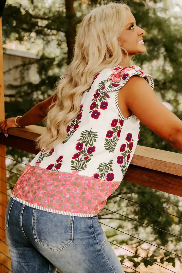 Floral Contrast Striped Trim Blouse