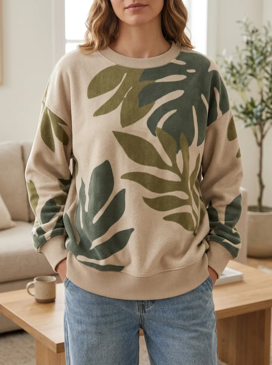 Women's Tropical Leaf Pattern Printed Fleece Sweatshirt