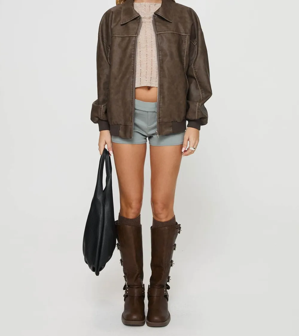 Washed Dark Brown Faux Leather Oversized Bomber Jacket