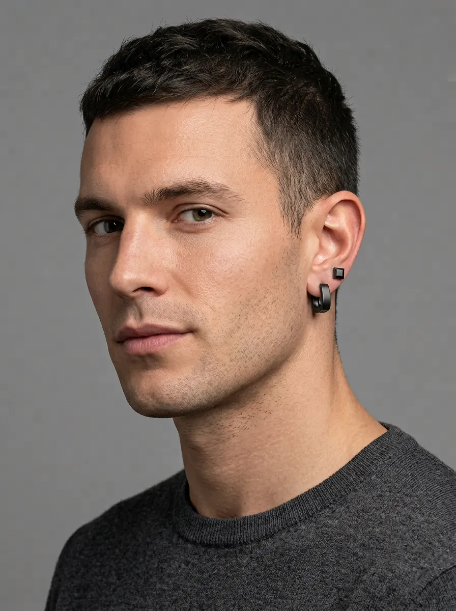 Men's Minimalist Square Stud and Hoop Earrings