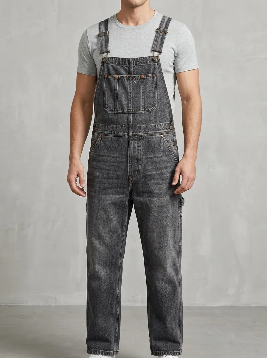 Men's Street Distressed Denim Bib Overalls