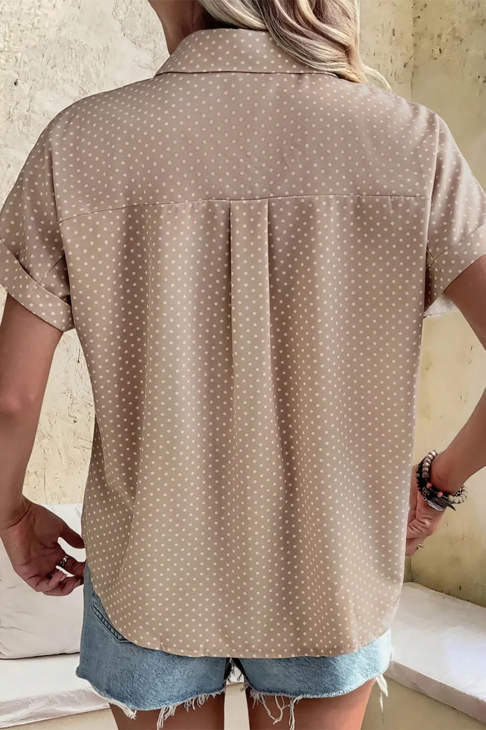 Khaki Dotted Print Cuffed Short Sleeve Shirt