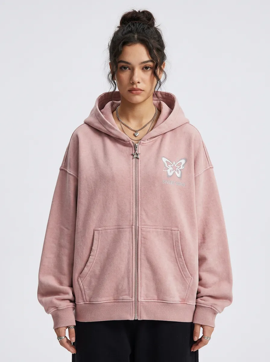 Women's Streetwear Y2K Butterfly Sweet Soul Printed Zip-up Hoodie