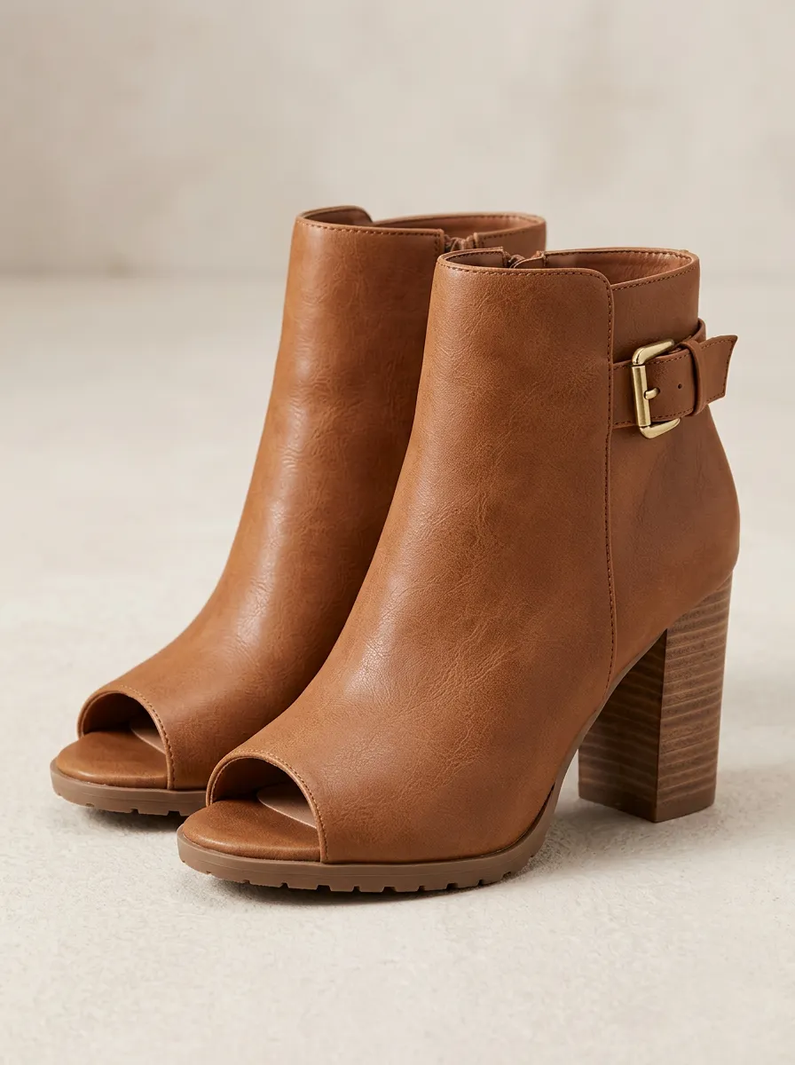 Buckle-Strap Leather-Look Women's Peep-Toe Ankle Boots