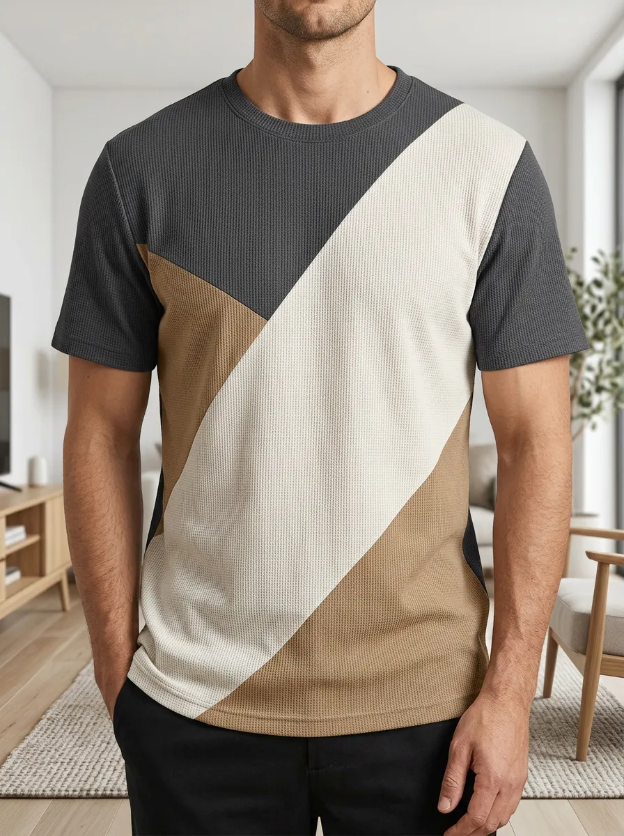 Men's Color Block Geometric Waffle Knit Signature Crew Neck T-Shirt