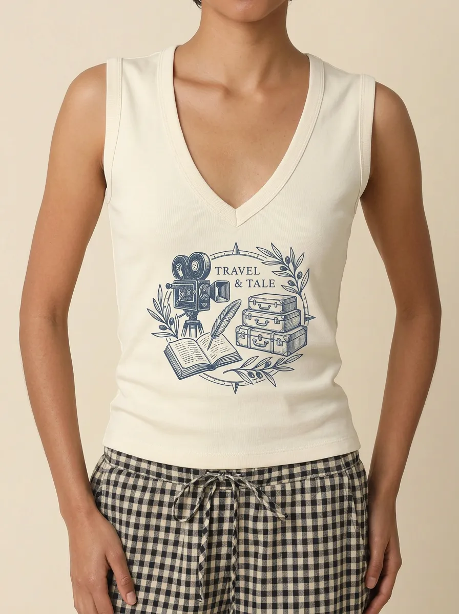 Women's Travel-Inspired Camera Book Suitcase Printed V-neck Tank Top