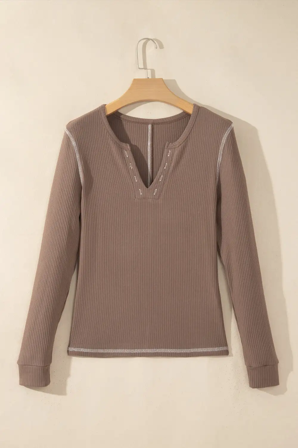 Solid V Neck Ribbed Relaxed Long Sleeve Top