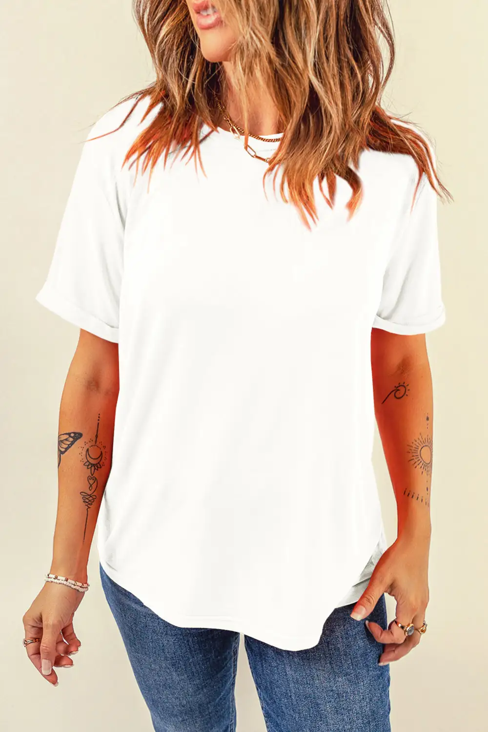 White Casual Plain Crew Neck