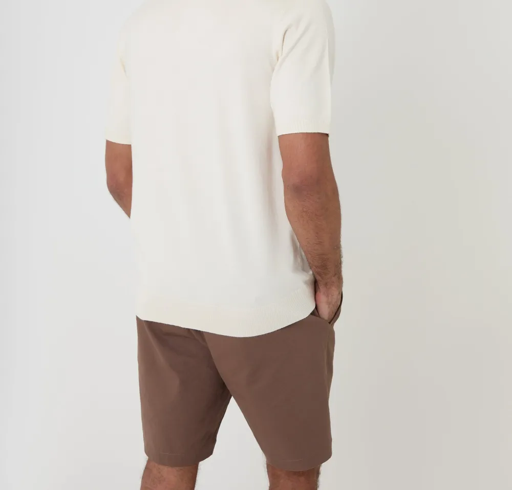 Men's Ecru Knitted Contrast Tipping Open-Collar Polo