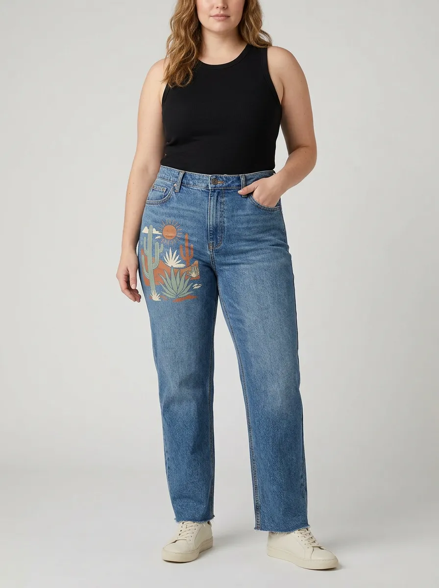 Women's Medium Wash Desert Cactus Printed Mid-Rise Straight Leg Jeans