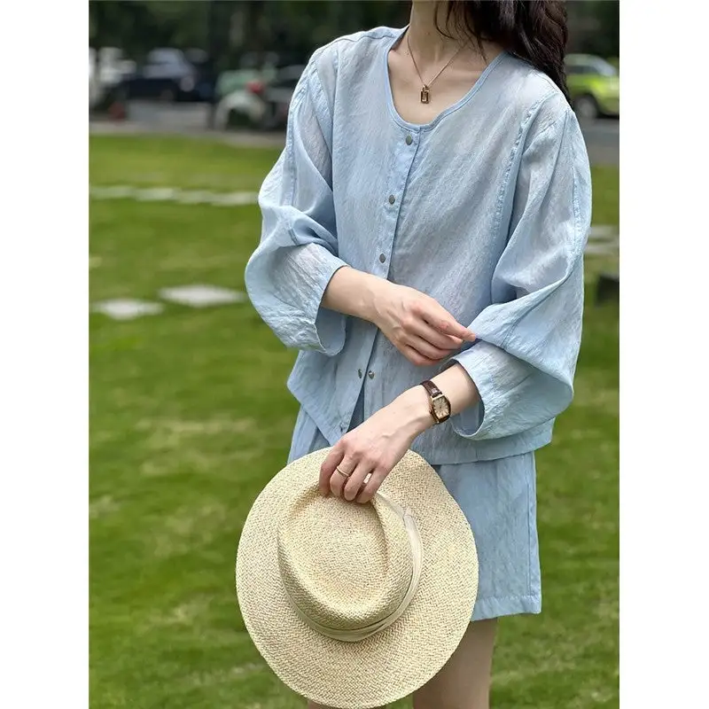 Flowing Round Neck Long Sleeve Shirt And High Waist Wide Leg Shorts Set
