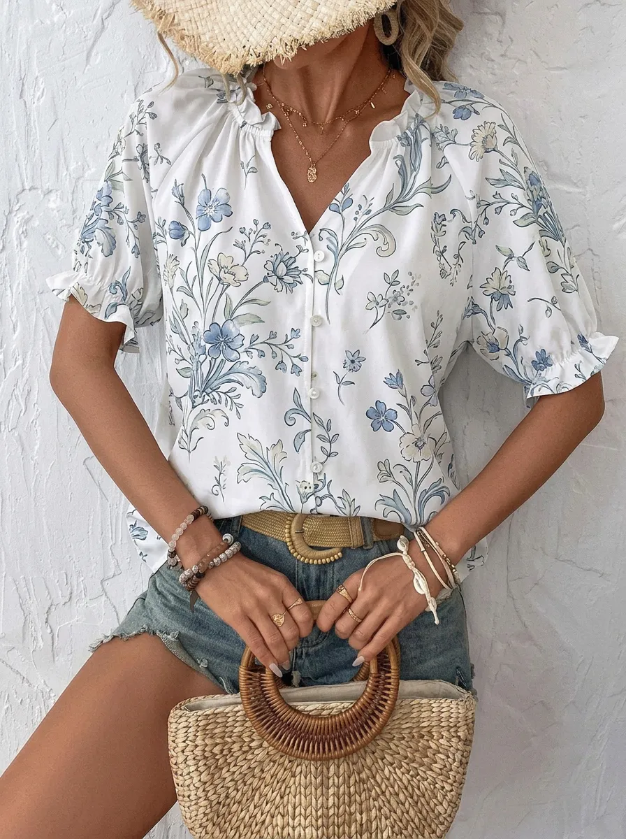 Women's Vintage Floral Botanical Printed Button-Down Blouse