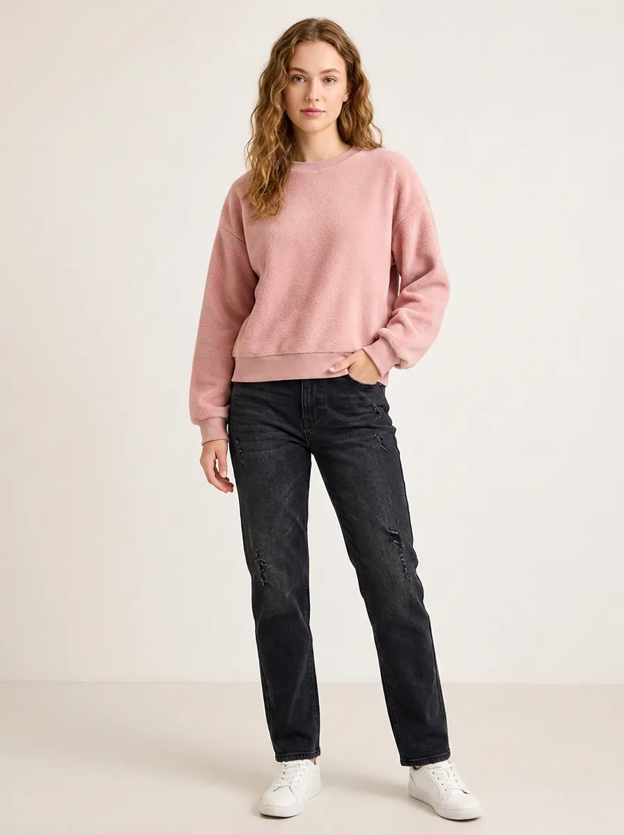 Women's Casual Minimalist Solid Pink Fleece Pullover Sweatshirt