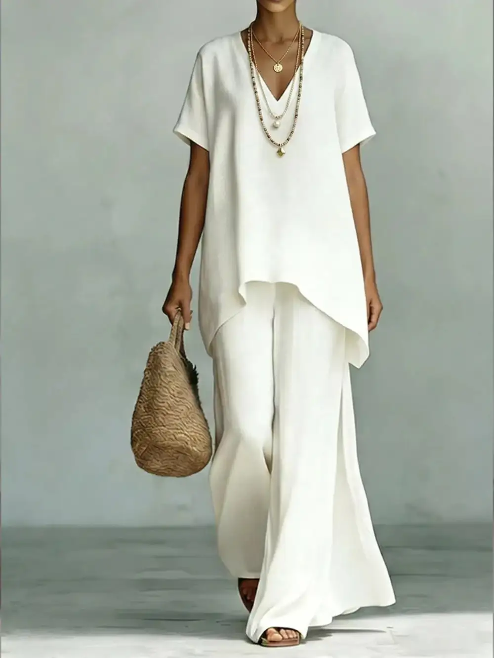 Full Size V Neck Top and Wide Leg Pants