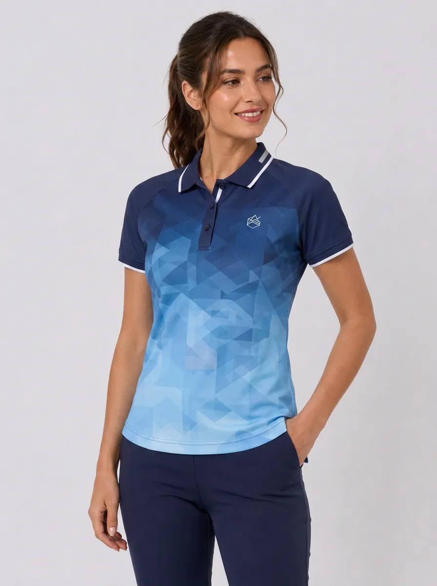 Women's Geometric Pattern Gradient Ribbed-Cuff Polo Shirt