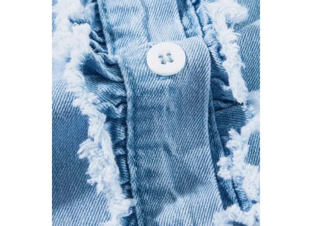 Button-Down Raw-Hem Ruffled Denim Shirt