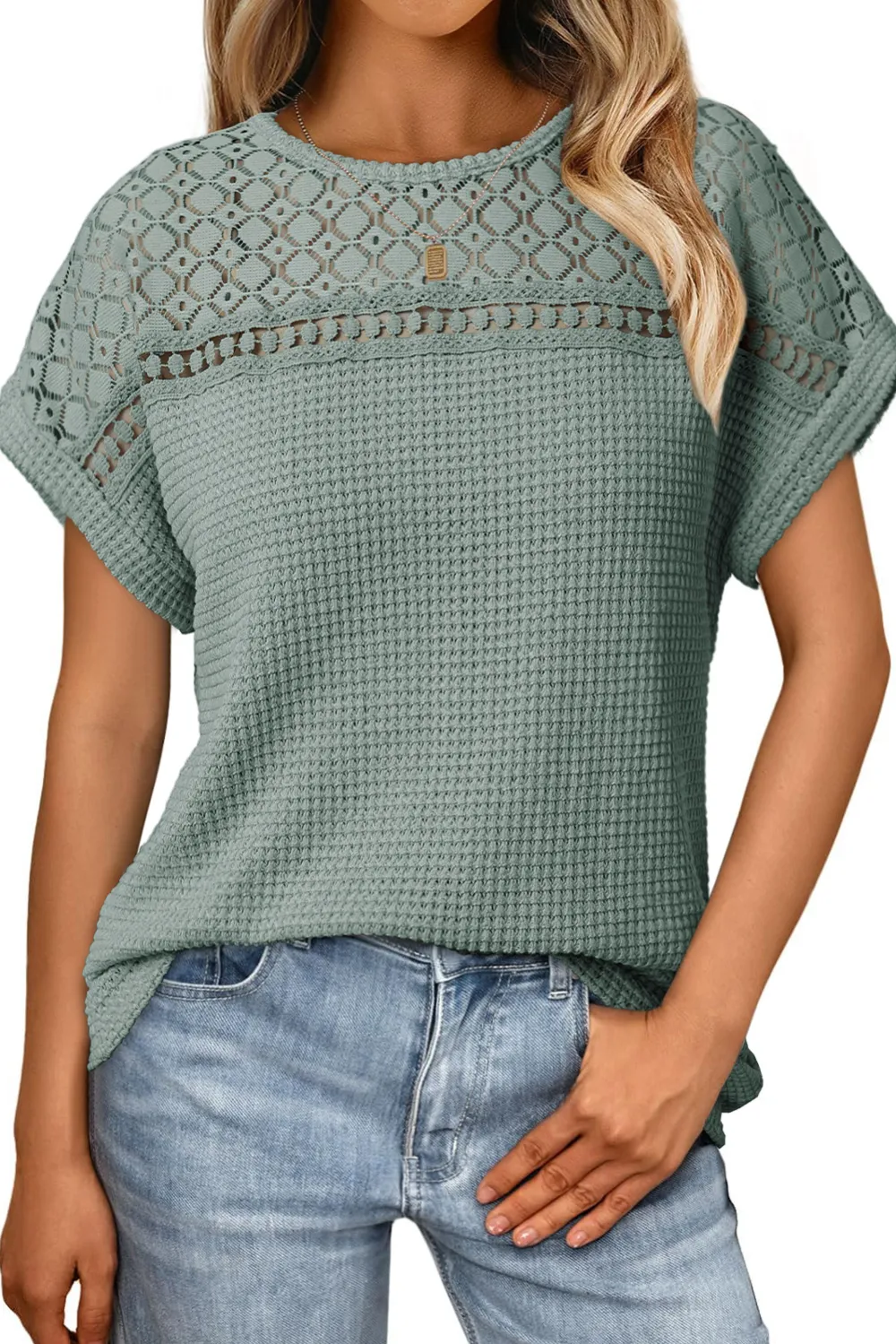 Mist Green Lace Patchwork Waffle Top