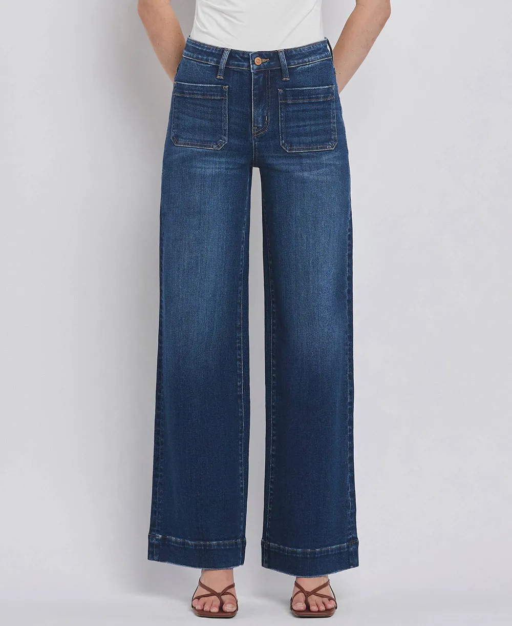Women's Trouser-Hem Patch-Pocket Wide Jeans
