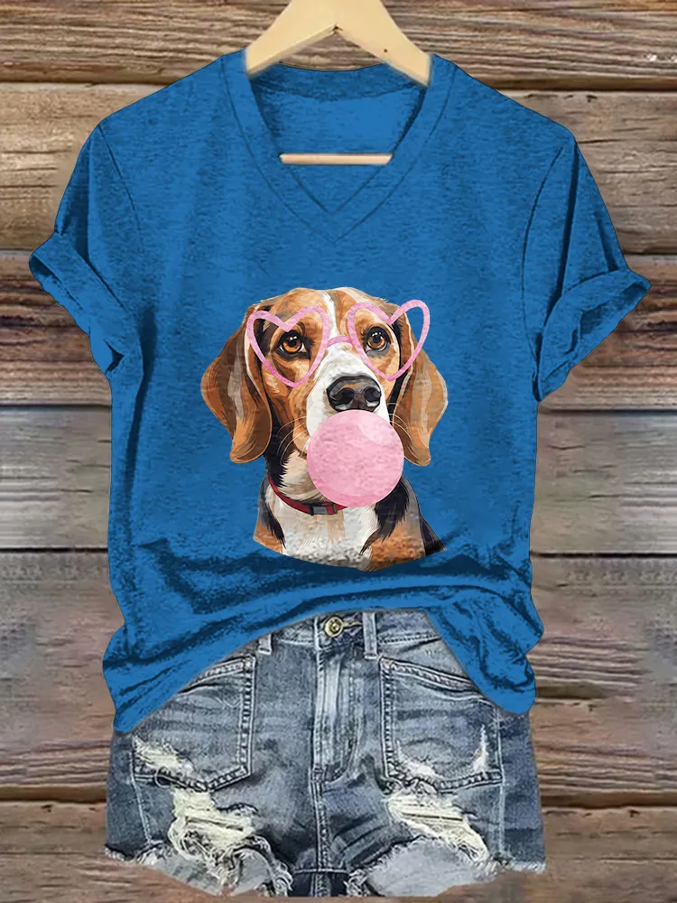 Woman's A Printed Dog Wearing Glasses V-Neck And Short Sleeves T-Shirt