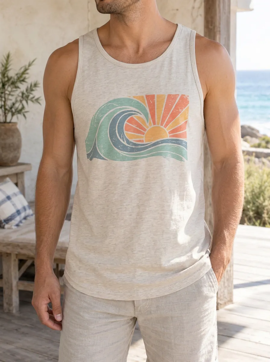 Men's Beach Retro Ocean Wave Sun Tank Top