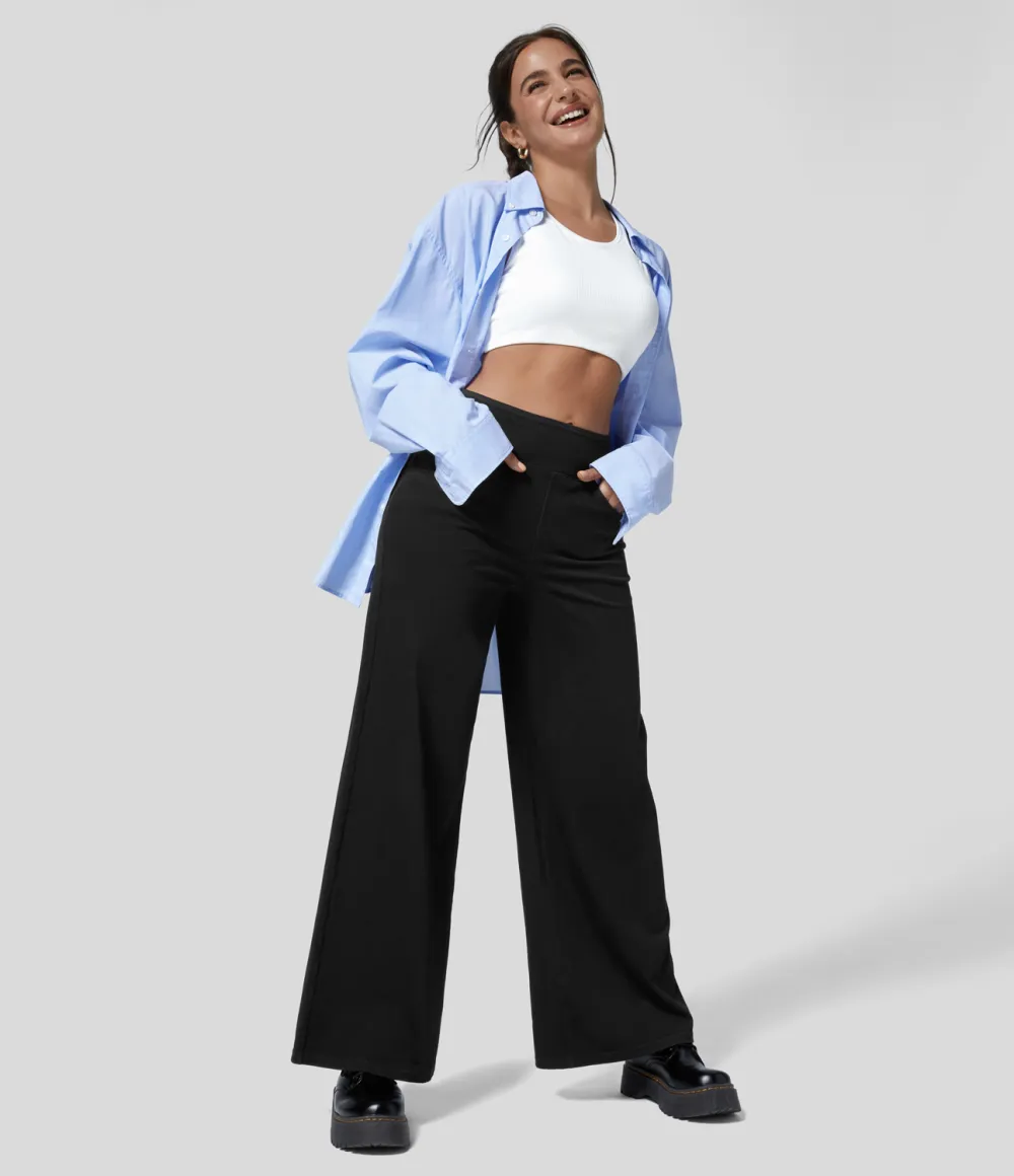 Magic High Waisted Multiple Pockets Wide Leg Loose Stretchy Knit Work Jeans