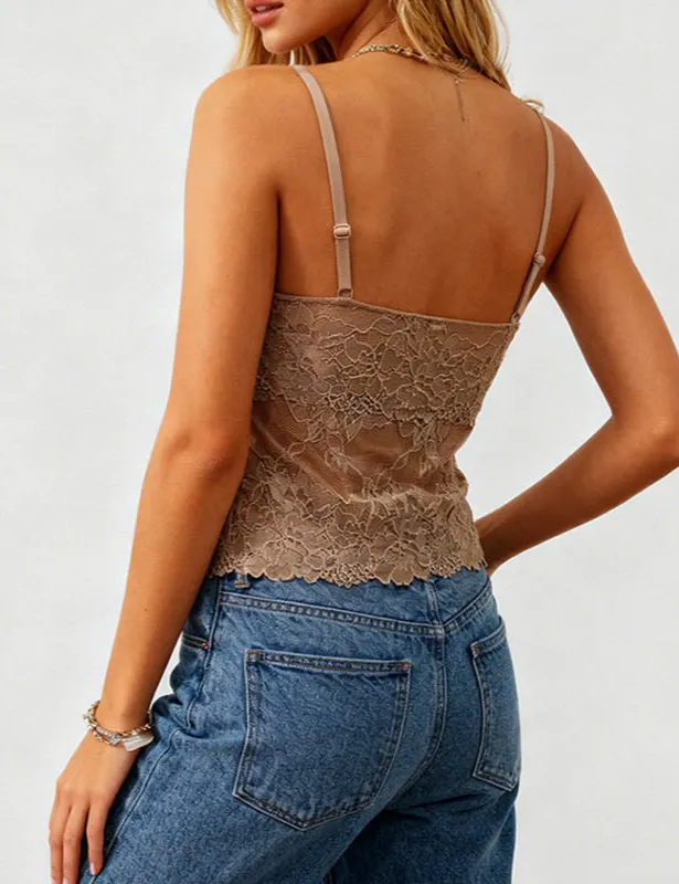 Romantic Sheer Lace V Neck Spaghetti Strap Cami Top