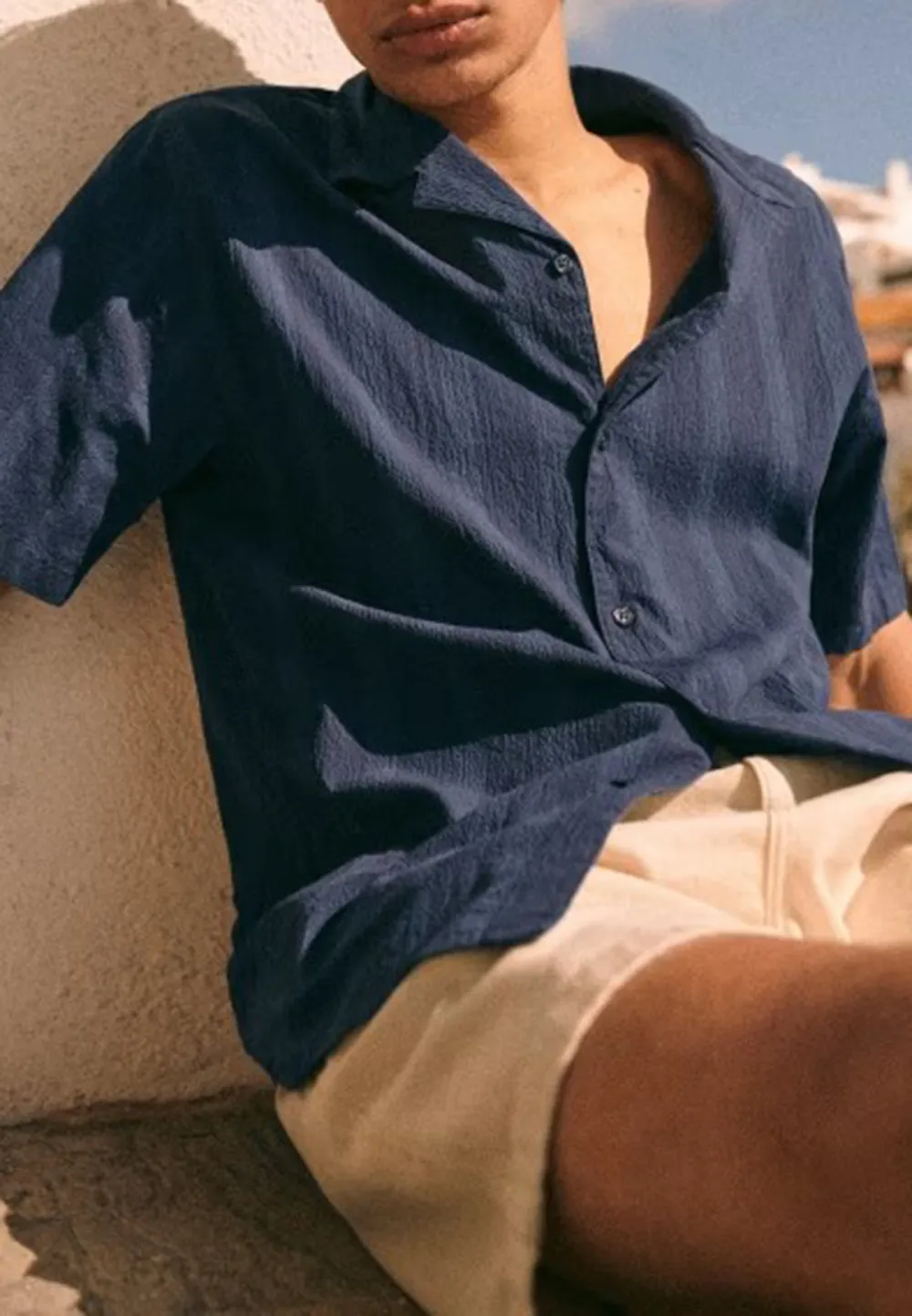 Navy Blue Seersucker Camp Collar Short Sleeve Shirt