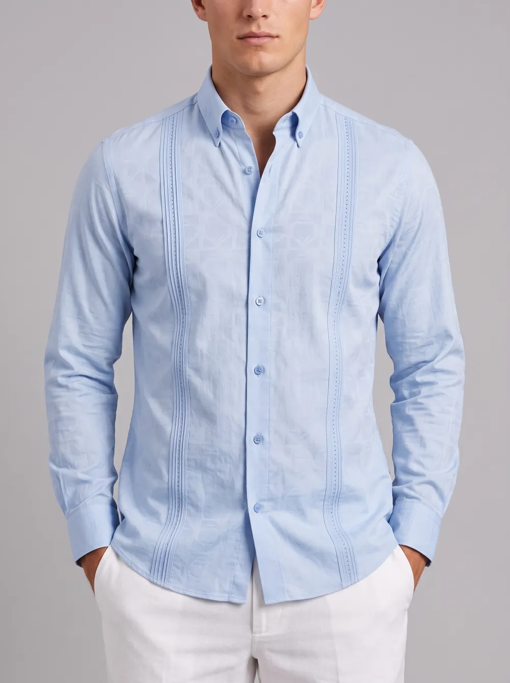 Men's Casual Light Blue Guayabera Embroidered Button-Down Shirt
