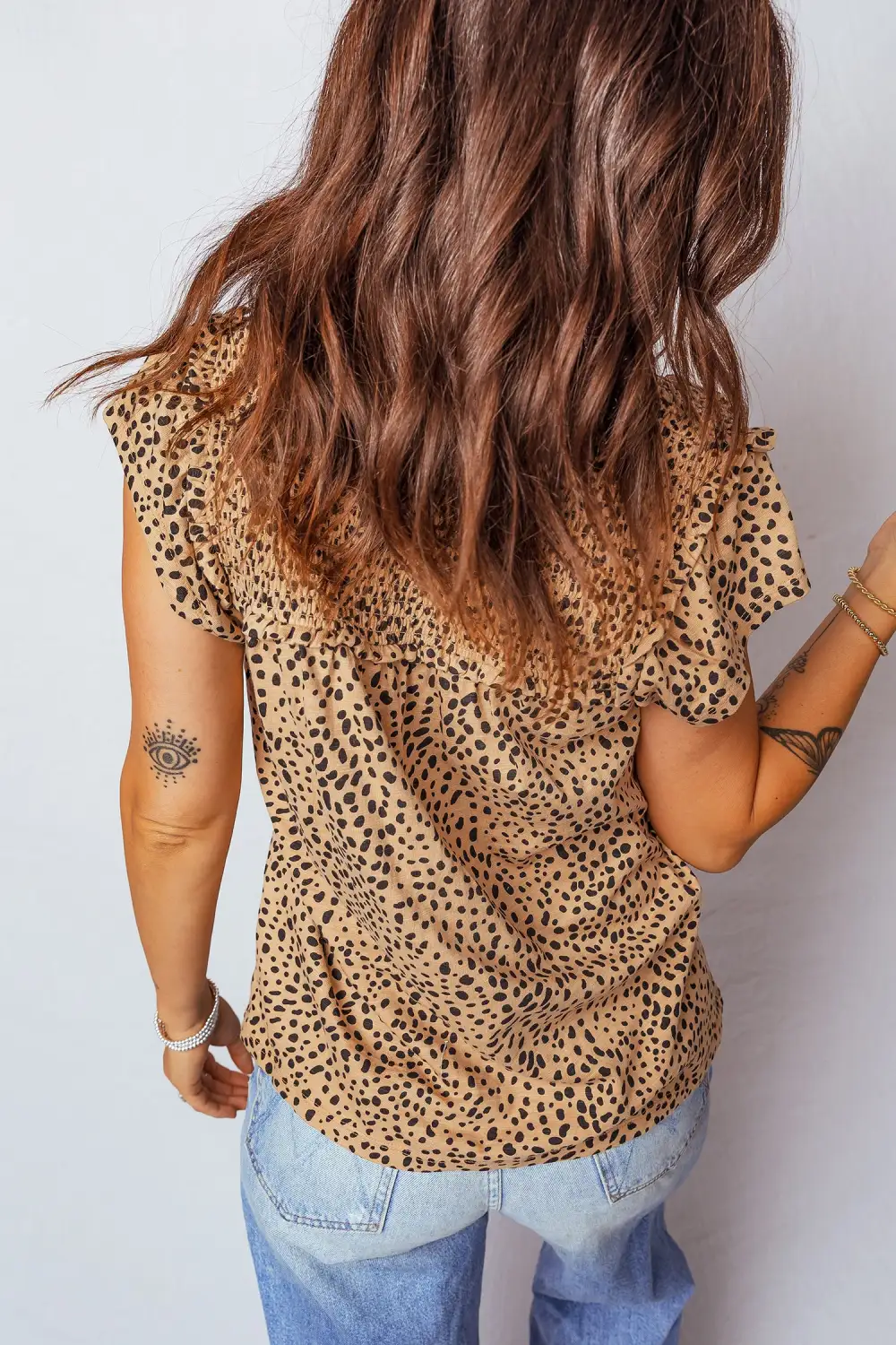 Apricot Cheeath Print Frilled V Neck Shirred Detail Short Sleeve Blouse