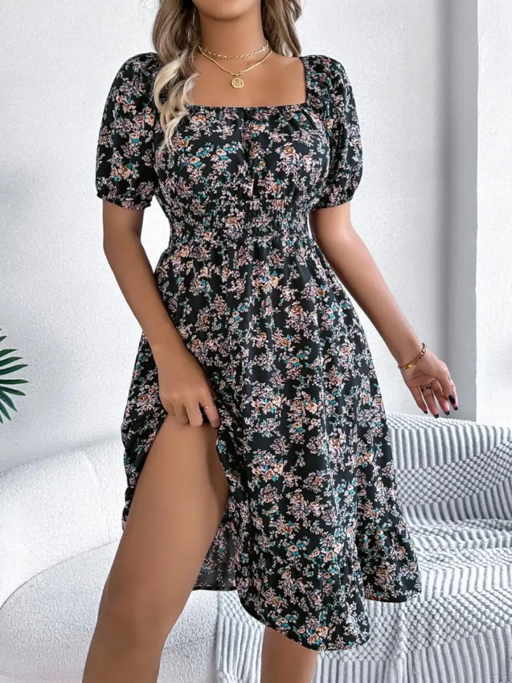 Ruffle Trim Floral Dress