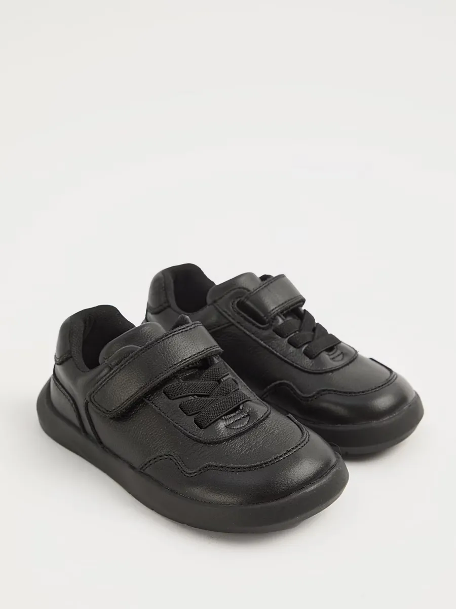 Black Leather Barefoot Strap Fasten School Shoes
