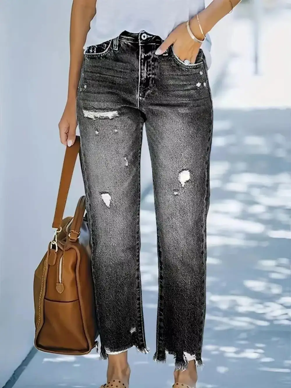 Soft Straight Leg Distressed Denim Jeans