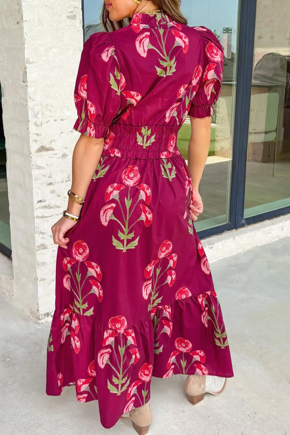 Floral Print Frilled V Neck Short Sleeve Ruffle Maxi