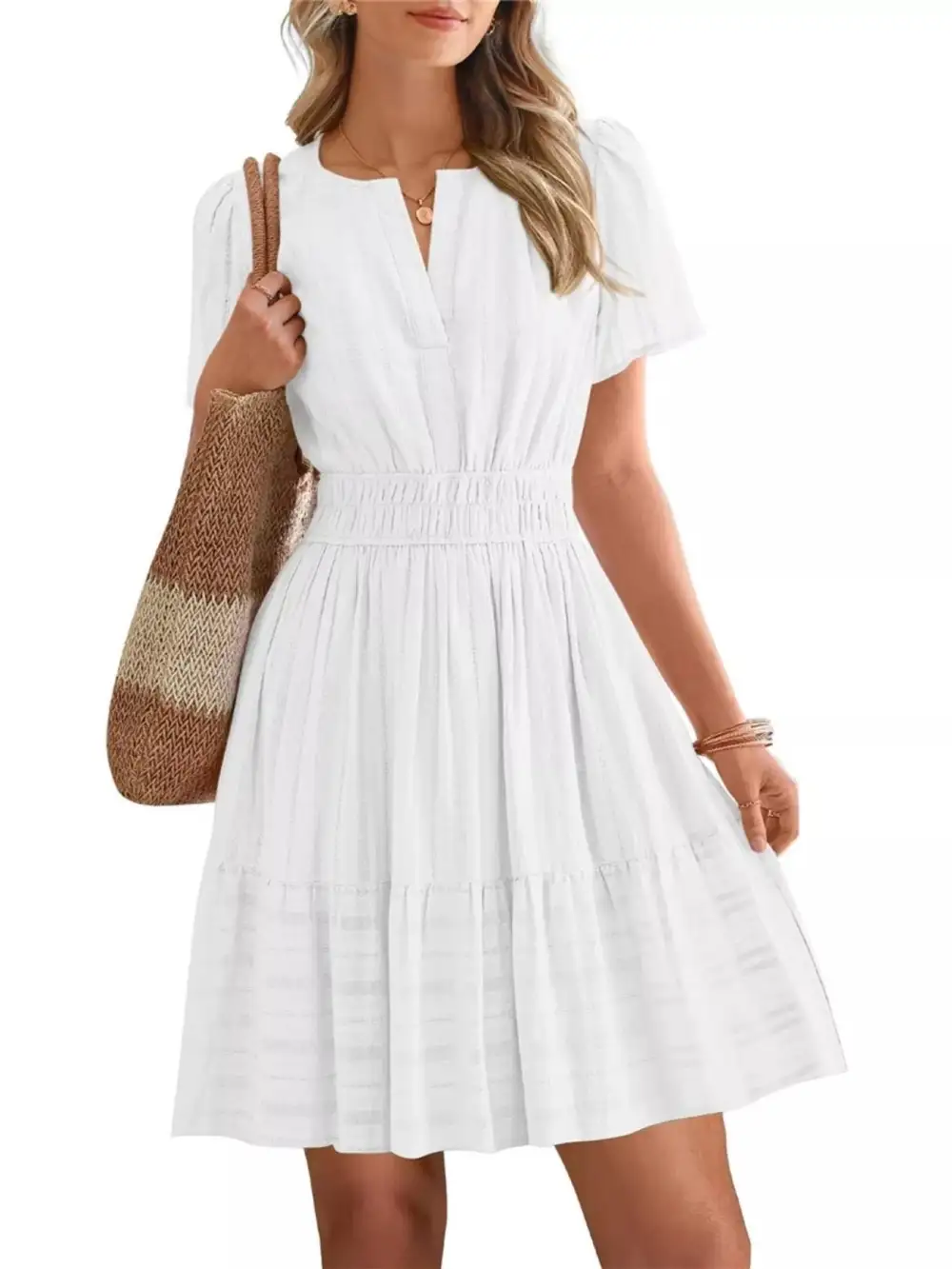 Tiered Smocked Short Sleeve Casual Dress