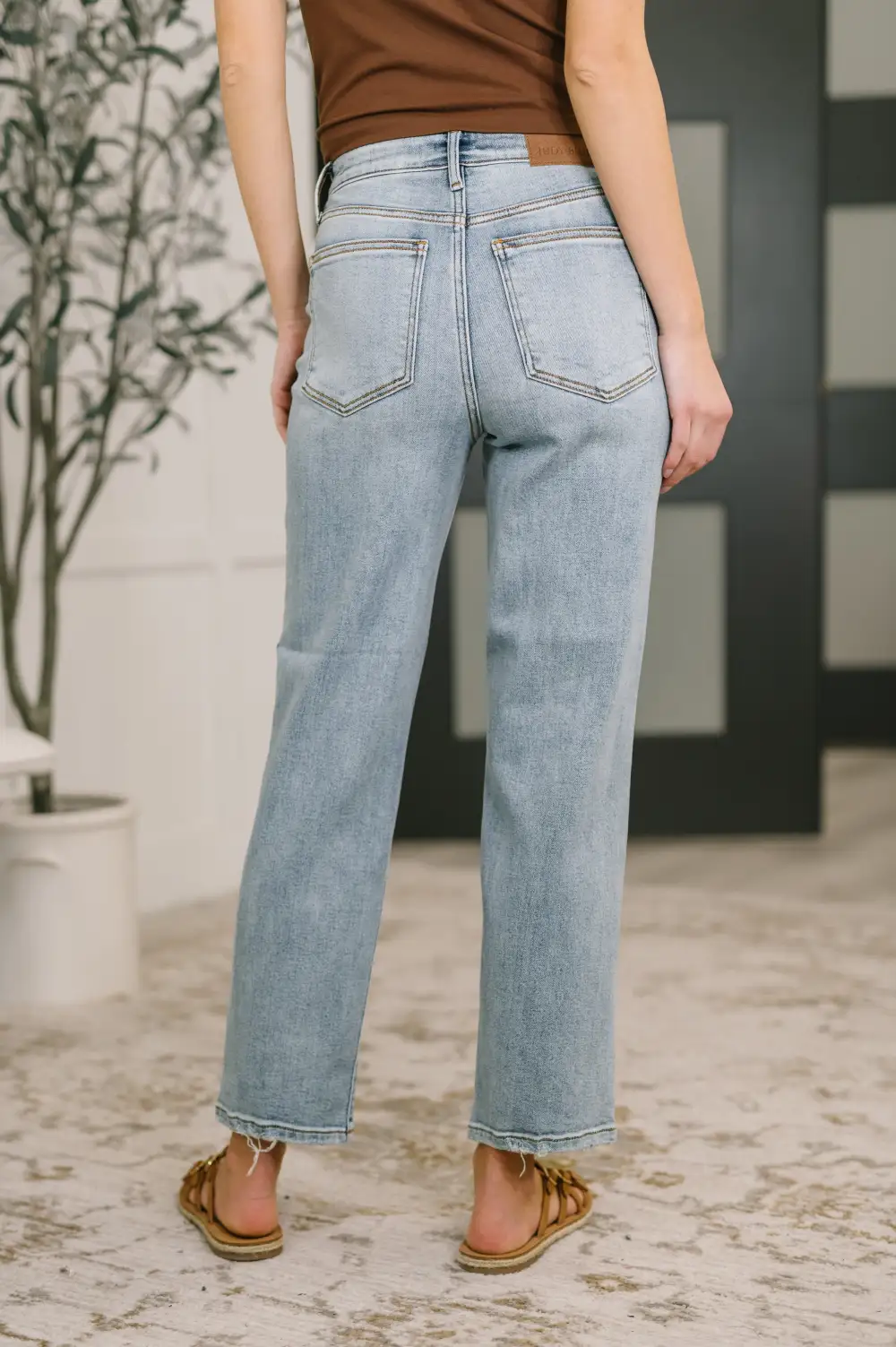 Denim High Rise Straight Leg Distressed Jeans
