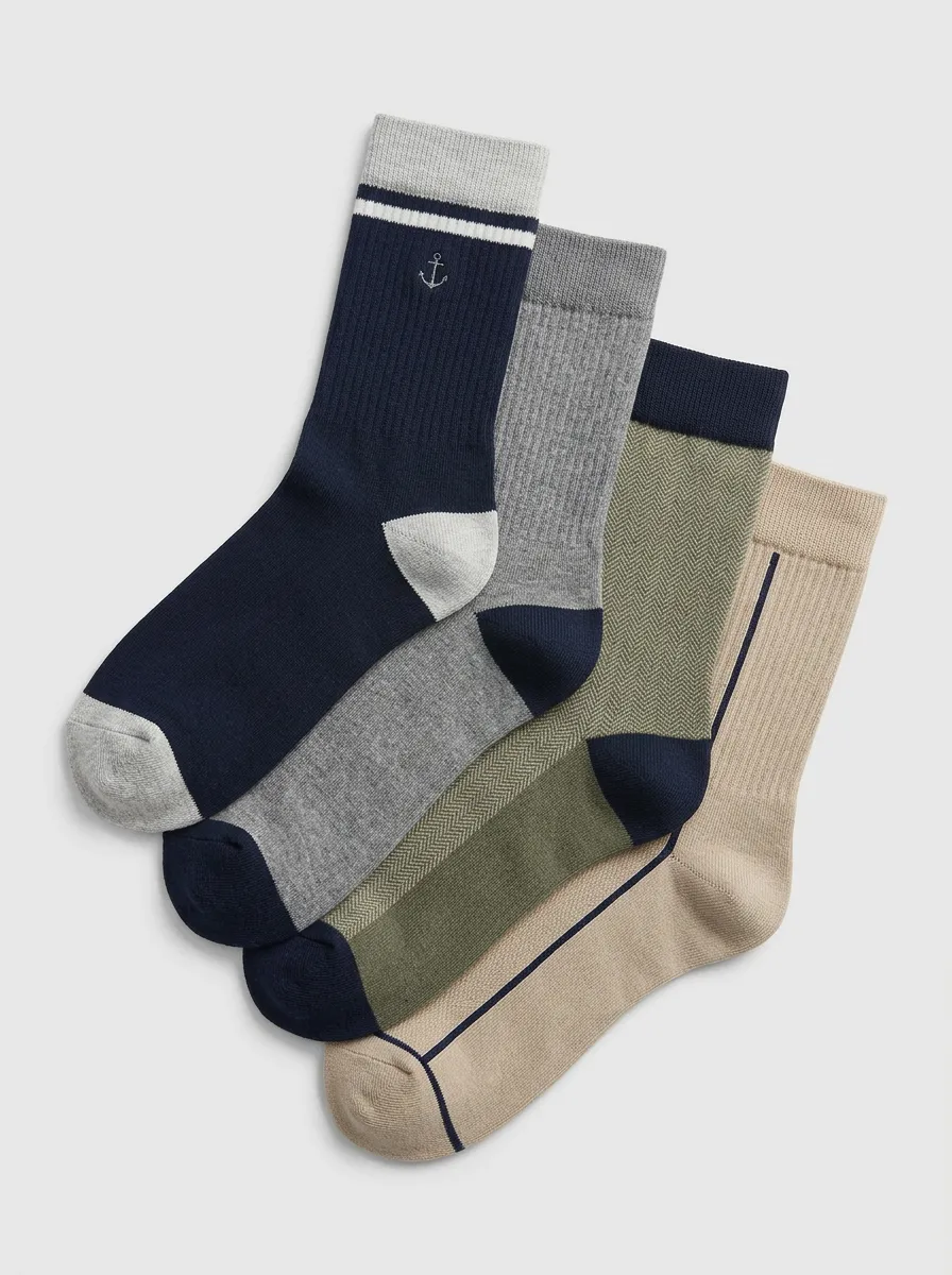 Striped Heathered Texture Ribbed Texture Embroidered Detail Men's Crew Socks Four-Pair Pack