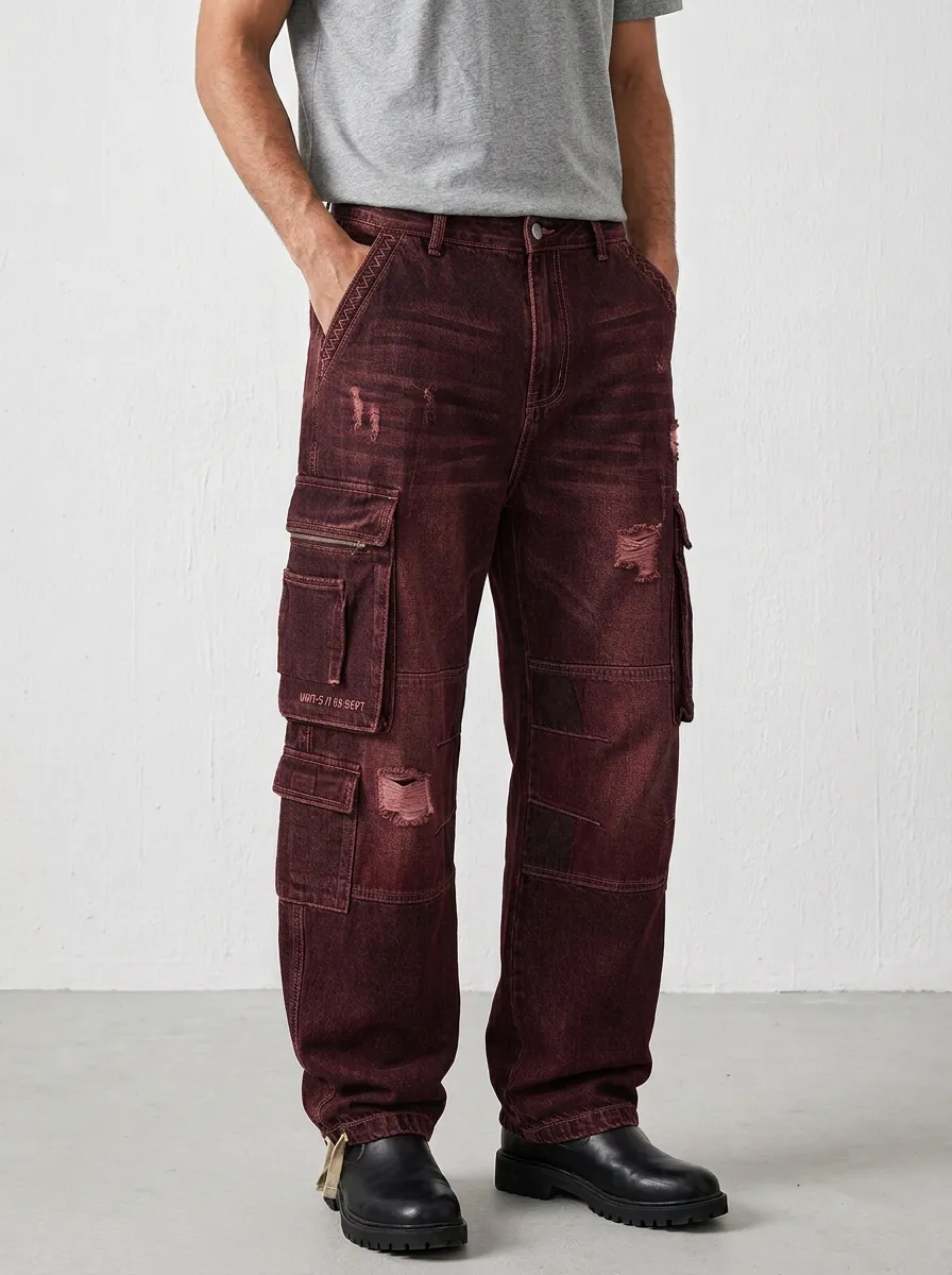 Men's Ridge Distressed Denim Multi-Pocket Cargo Jeans